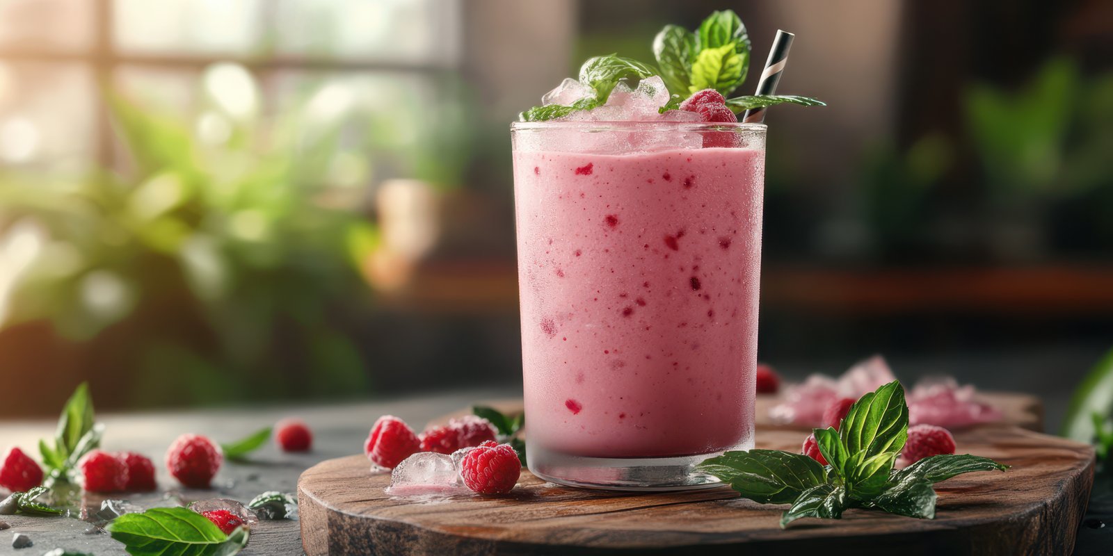 Refreshing raspberry smoothie garnished with mint leaves on a rustic wooden table